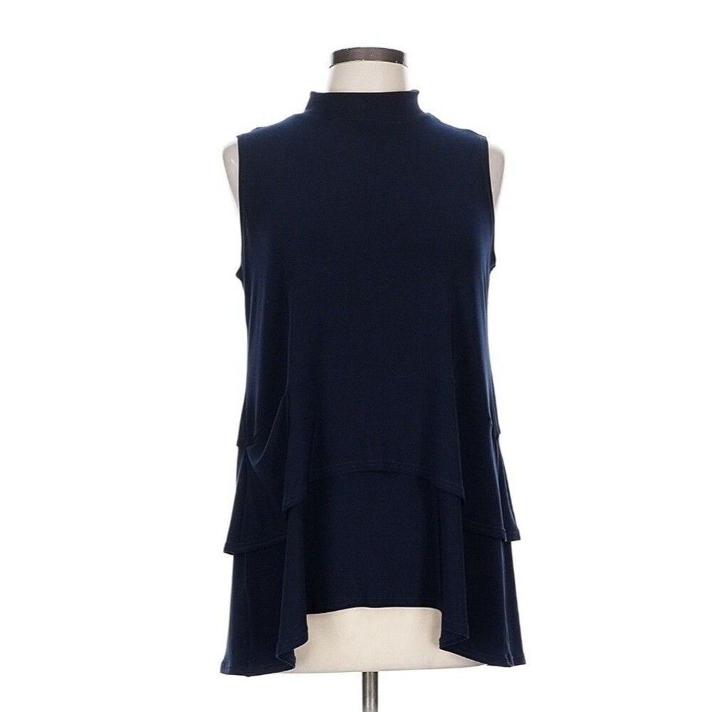 Sympli Women's Size 10 Navy Blue Waterfall Pocket Tunic Top Mock Neck Lagenlook